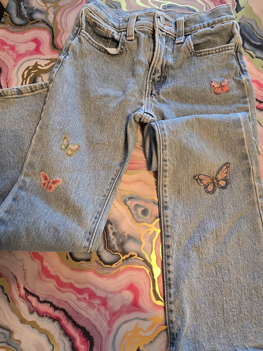 Old Navy Light Blue Straight Leg Jeans with Butterfly Embroidery